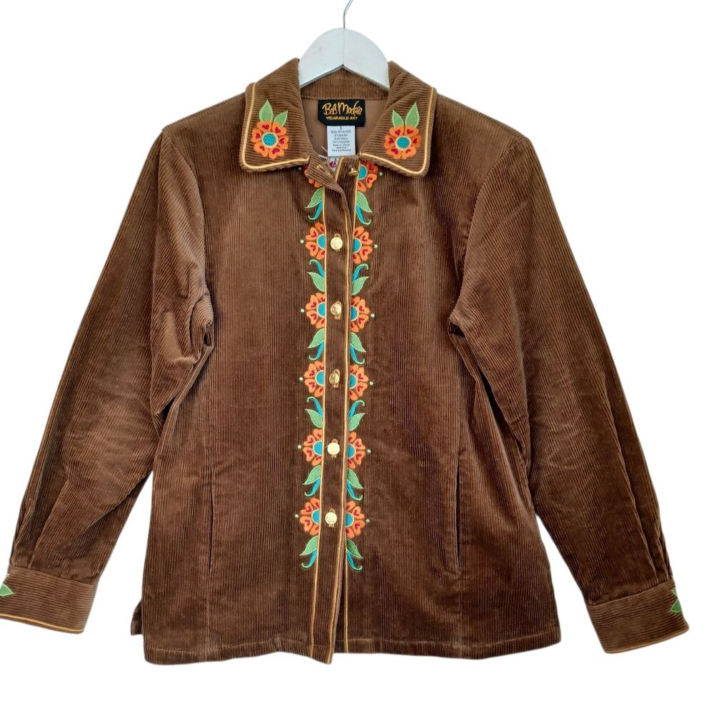 Bob Mackie Embroidered Corduroy Jacket Brown Shirt Shacket Womens Small‎